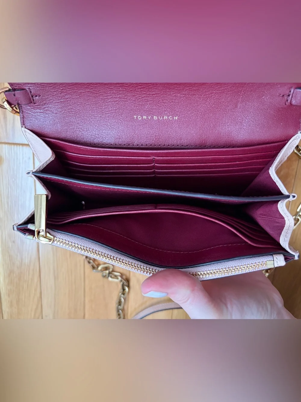 Tory Burch Blush Leather Chain Clutch with Gold Logo